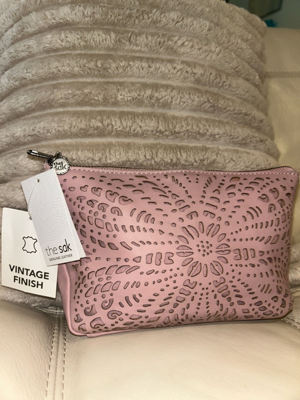 The Sak Pink Laser-Cut Leather Cosmetic Pouch